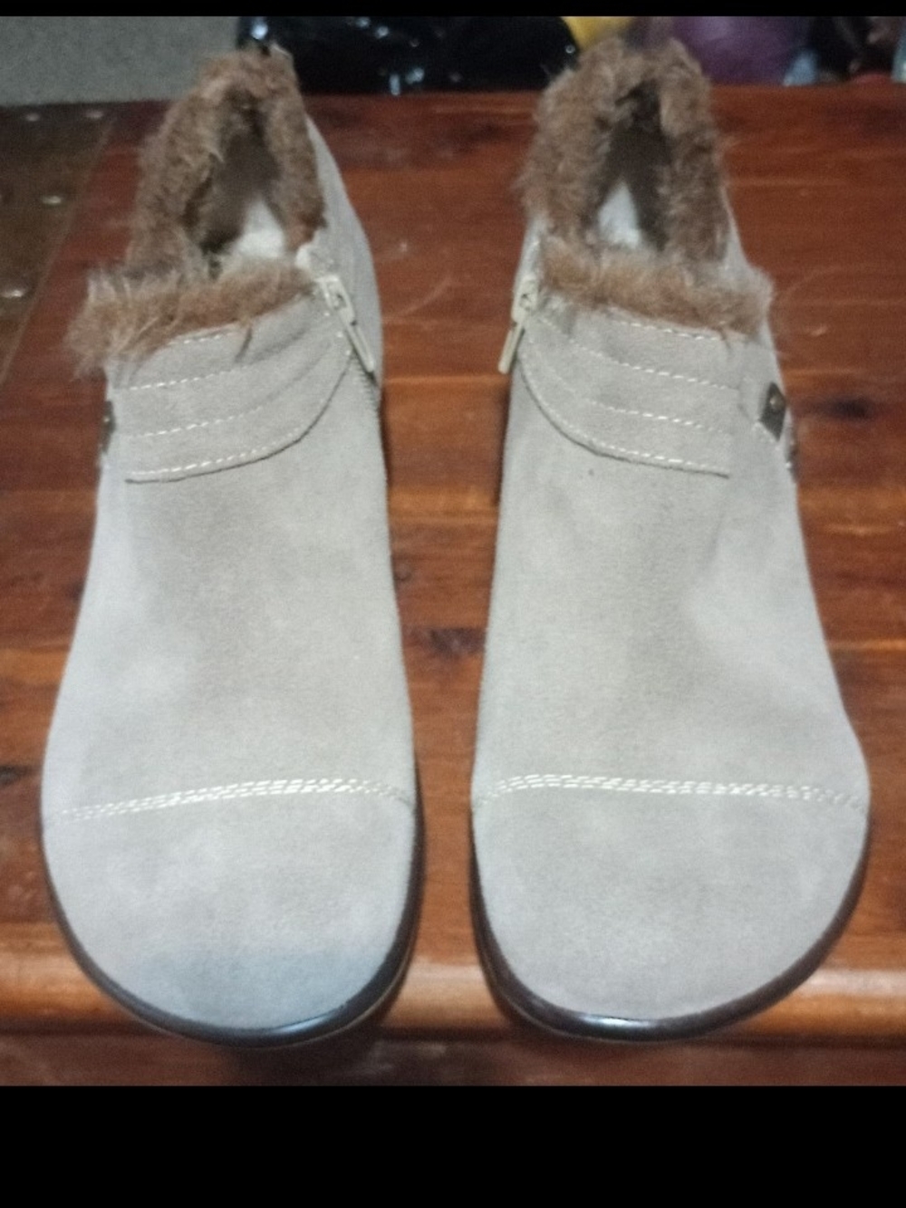 Women's Beige Suede Fur-Trim Slip-On Ankle Shoes